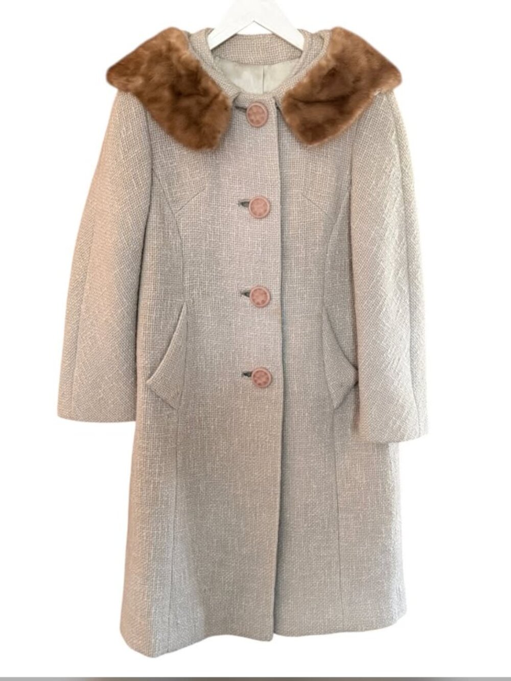 Vtg 70s ILGWU Tweed Fur Collar Button Front Long Peacoat Overcoat Women's size M